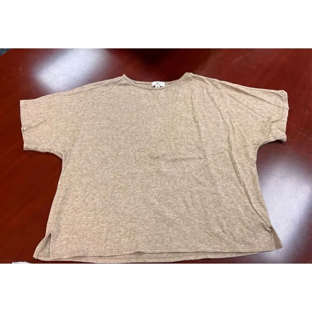 Halston Tan Lightweight Short Sleeve Drop Shoulder Career Sweater sz L EUC